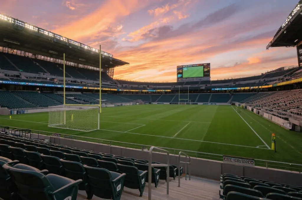 An empty professional football stadium at sunset